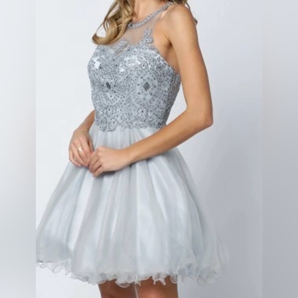 SILVER BABYDOLL PROM PARTY EVENING GOWN DRESS